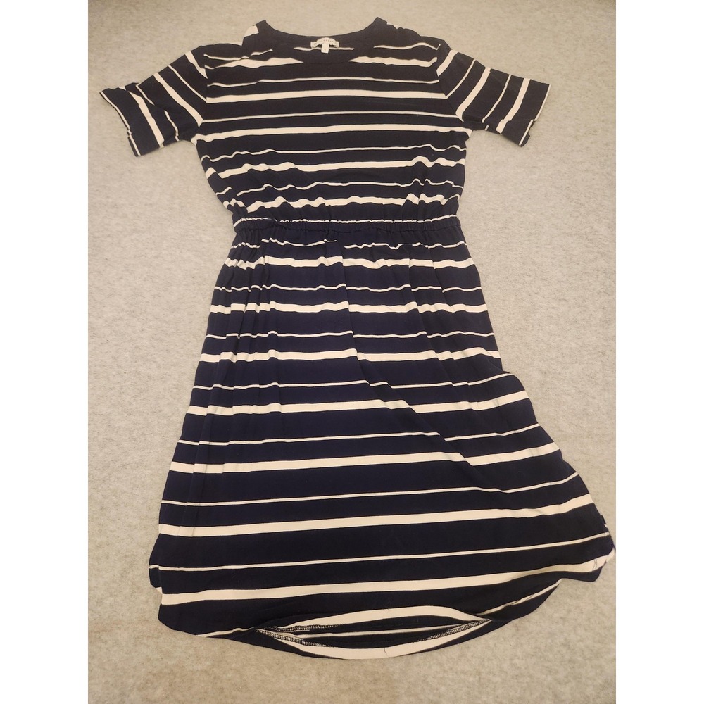 Warehouse Dress Womens 8 Navy White Striped Short Sleeve Elastic Waist Crewneck